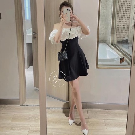 Váy nữ dáng xòe trễ vai phối ngực cách điệu bánh bèo Hàn Quốc V0023 | BigBuy360 - bigbuy360.vn