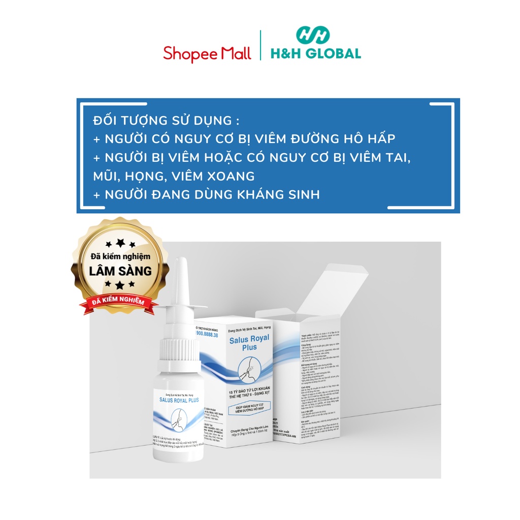 COMBO 3 Hộp Xịt mũi, Xịt họng, Nước muối sinh lý chứ Bào tử lợi khuẩn SALUS ROYAL PLUS  - HH GLOBAL