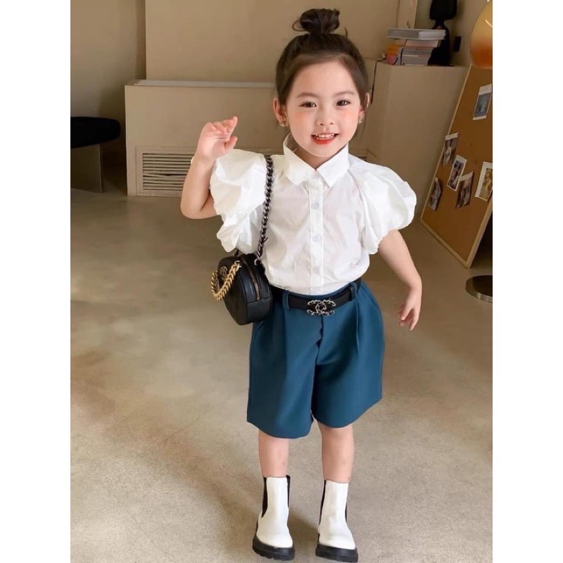 sét áo trắng tay phồng kèm thắt lưng cho bé gái từ 9-20kg💋