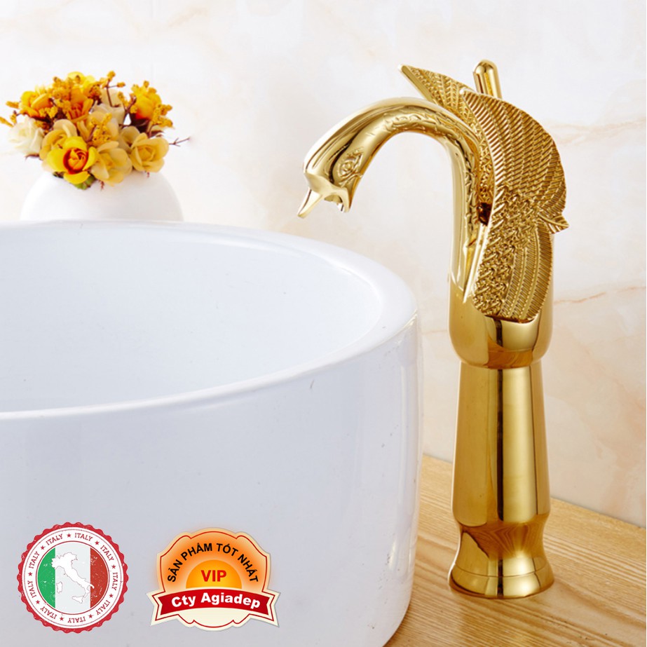 Vòi Lavabo Tân cổ điển siêu xịn đẹp ITALIA hình Cánh chim (Chân cao) + Đôi dây cấp