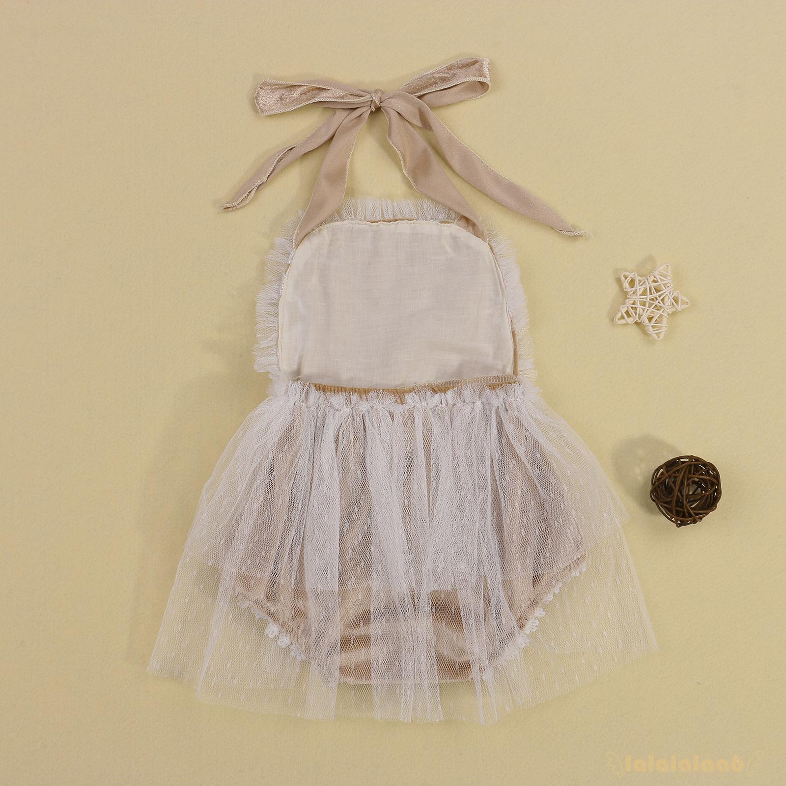 LAA6-Infant Summer Halterneck Baby Girl Tie-up Flower Pattern Mesh Lace Trim Playsuit with Beads