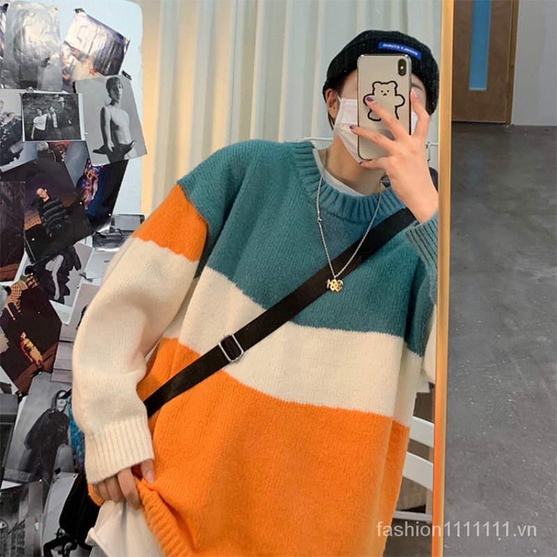 Áo Sweater cổ tròn phối màu độc đáo phong cách Hàn Quốc thời trang mùa thu đông cho nam và nữ