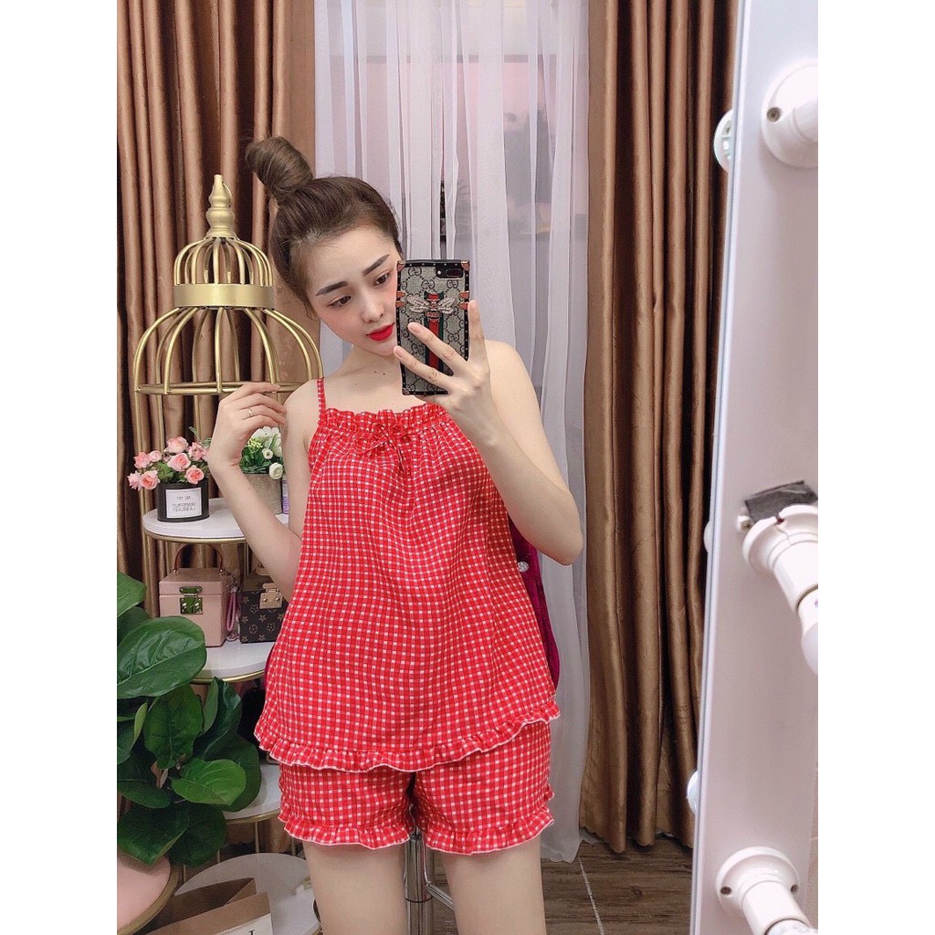 Set đồ bộ mặc nhà hai dây nữ lụa satin họa tiết caro quần đùi mặc mát cho mùa nóng, bộ đồ ngủ nữ hai dây