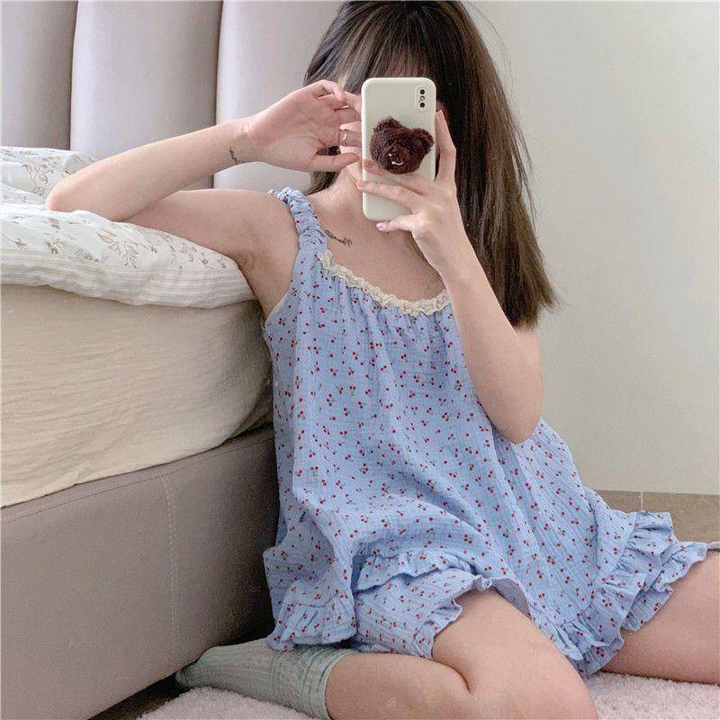 Có Bigsize Bộ Pijama Hai Dây Dễ Thương Vải Đũi Cực Mát