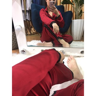 Pijama Lụa cao cấp màu đỏ phối ren 40-70kg {ẢNH THẬT}