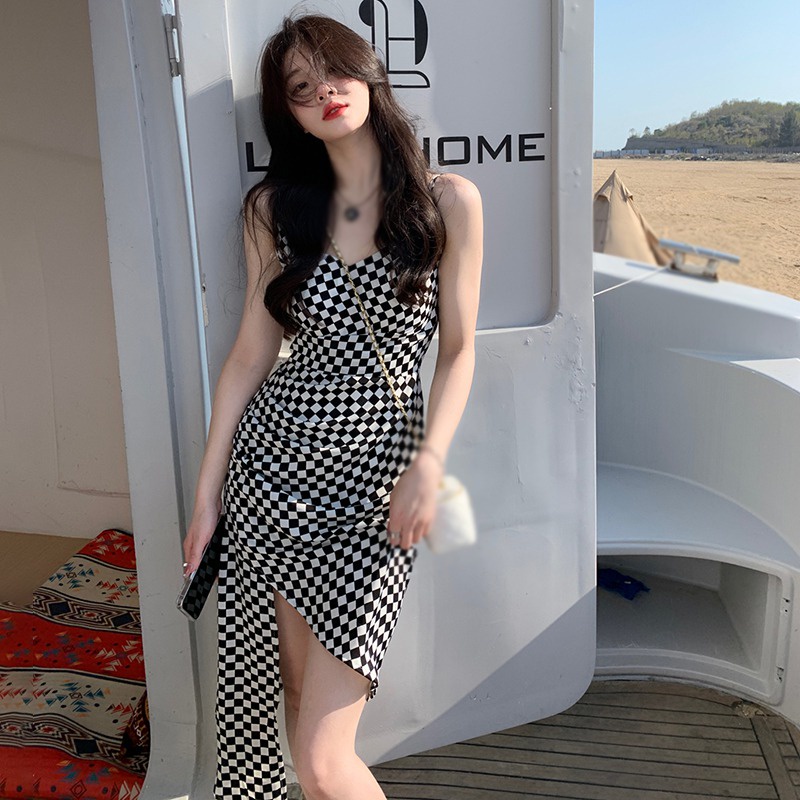 Đầm Hai Dây Dáng Ôm Họa Tiết Sọc Caro Phong Cách Hàn Quốc Thời Trang Mùa Hè Xinh Xắn Cho Nữ
