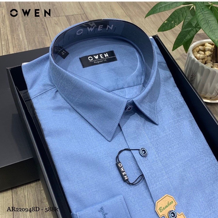 Áo Sơ Mi Nam Dài Tay OWEN AR220948D Somi Công Sở Vải Sợi Tre Cao Cấp Màu Dobby xanh Dáng Regular Fit Tà Lượn Không Túi