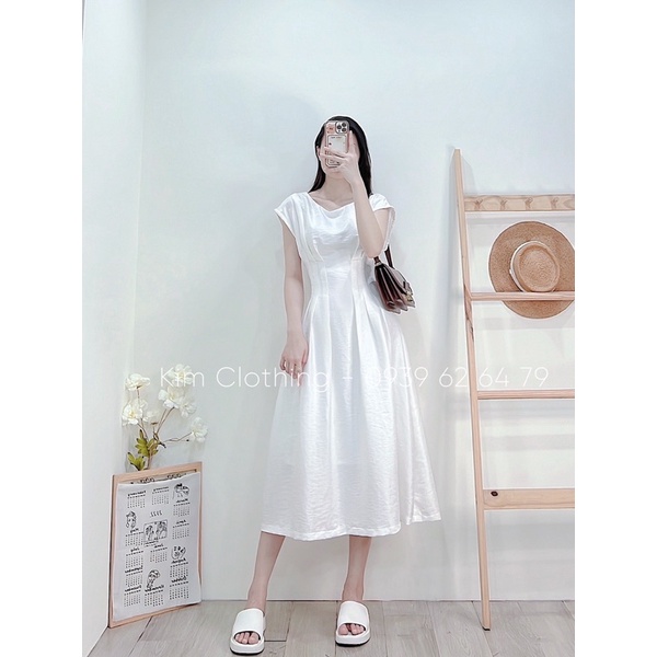 [Hàng sẵn - Hình thật] Đầm midi li eo tay hến tơ lụa nhũ