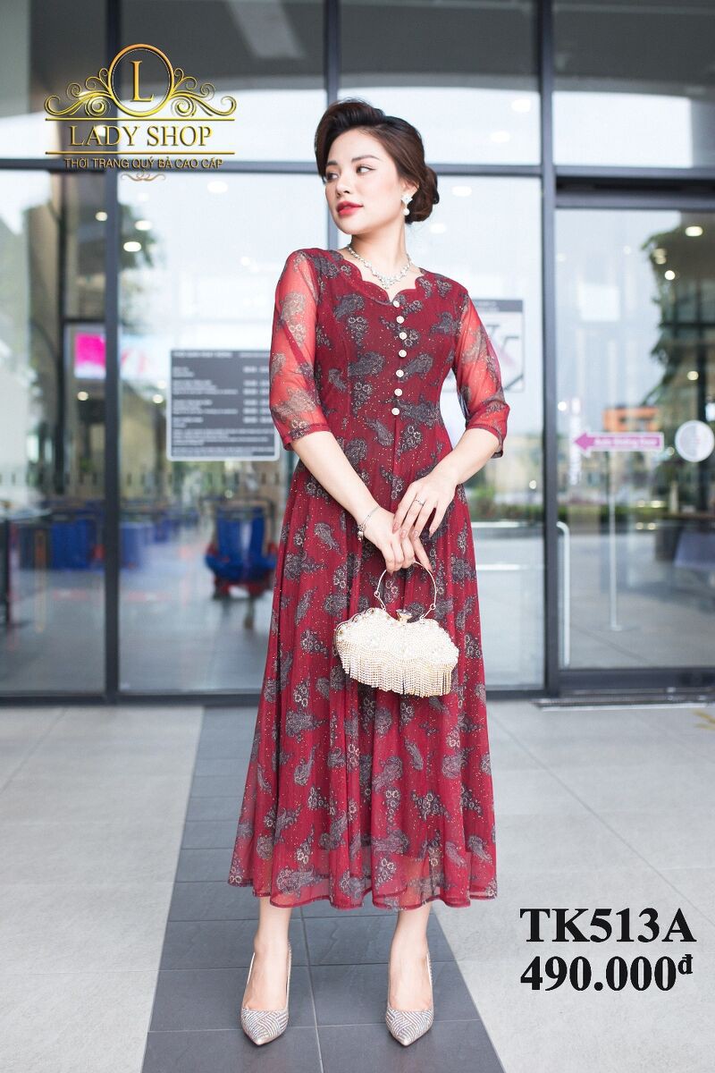 THỜI TRANG QUÝ BÀ TRUNG NIÊN CAO CẤP - LADYSHOP - Đầm thun lưới cổ hoa đuôi công đỏ TK513 | BigBuy360 - bigbuy360.vn