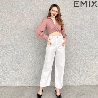 Mix set áo xoắn eo với quần thô ống suông EMIX