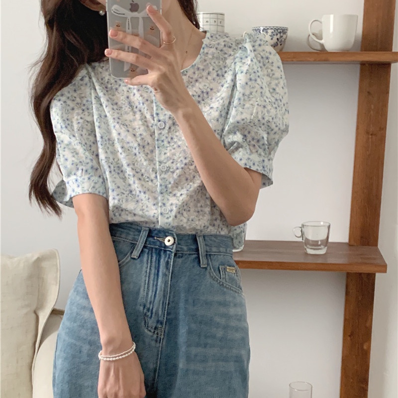 SUXI Áo Sơ Mi Tay Ngắn Cổ Tròn In Họa Tiết Hoa Phong Cách Hàn Quốc Thời Trang Cho Nữ