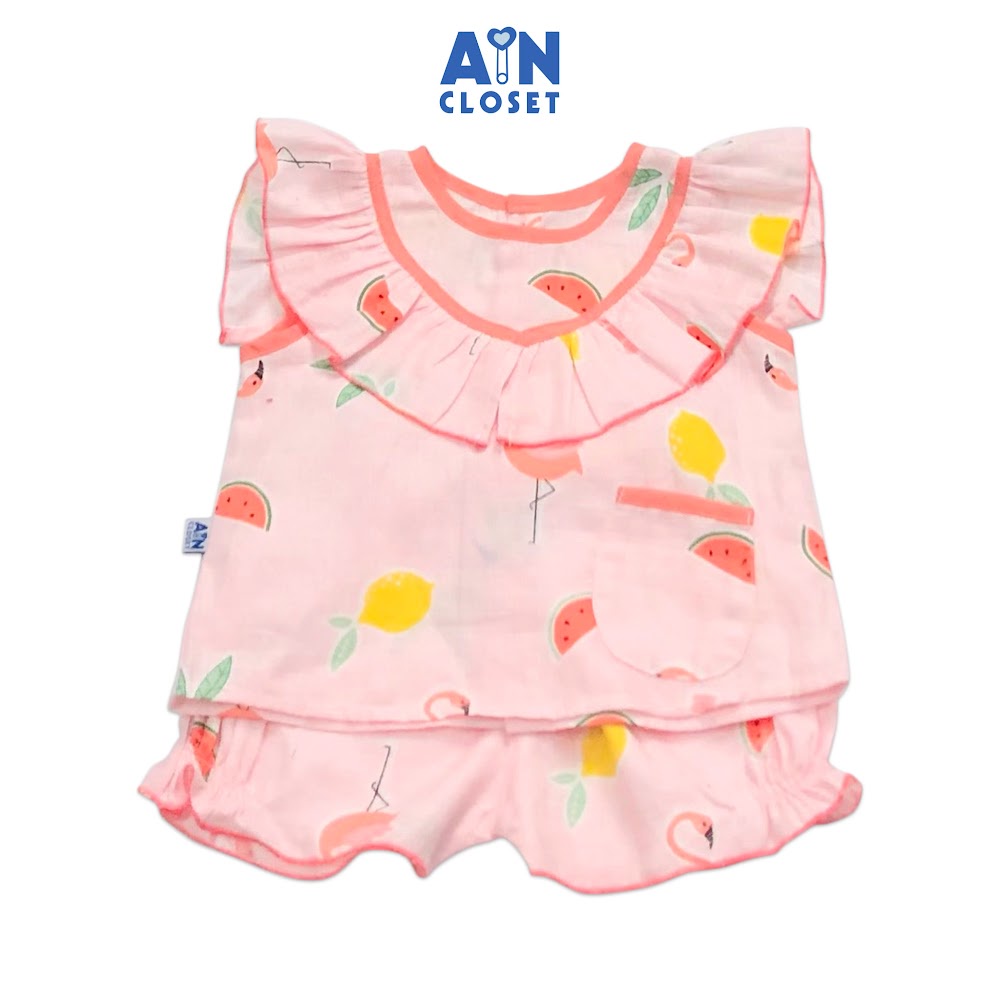 Bộ quần áo ngắn bé gái họạ tiết Dưa hấu nền hồng xô sợi tre AICDBGR17OAU AIN Closet