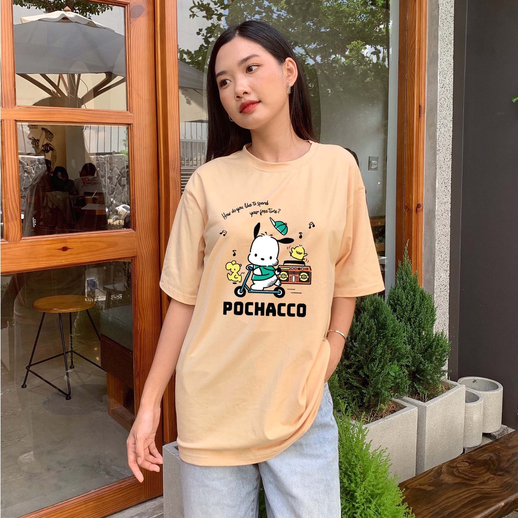Áo thun unisex hoạt hình POCHACCO 100% cotton oversize tay lỡ form rộng