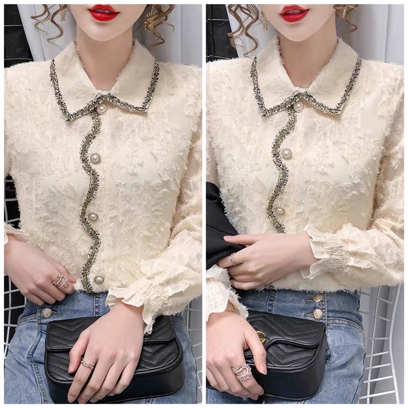 Áo Sơ Mi Kiểu Viền Đen Gợn Sóng Cúc Hoa Ngọc Dễ Thương Thanh Lịch Taobao