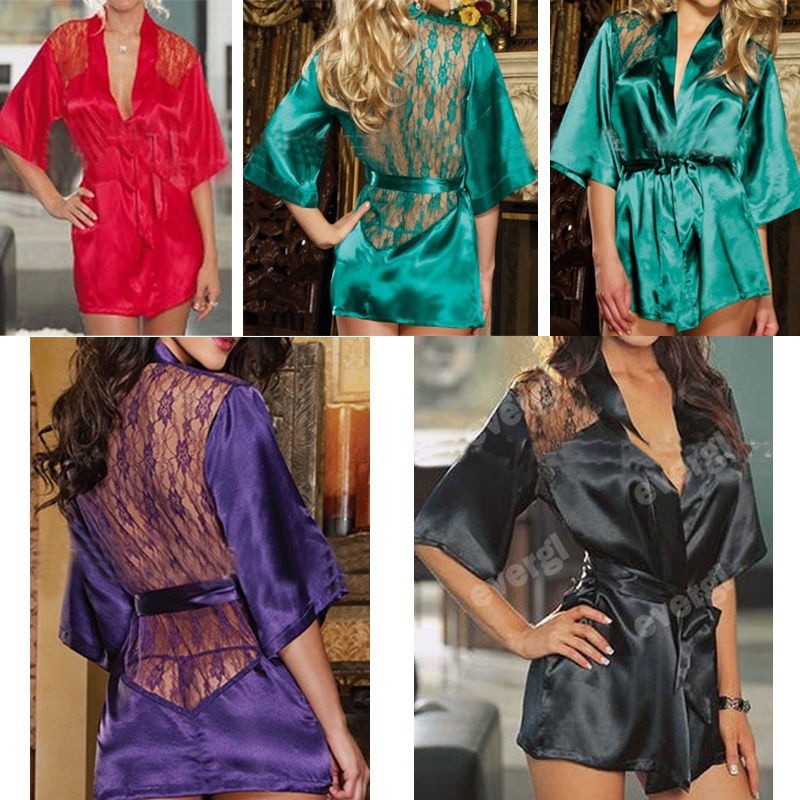 ☛☏❤Sexy Women Satin Lace Lingerie Ladies Lace Sleepwear Nightwear Nightdress Robe