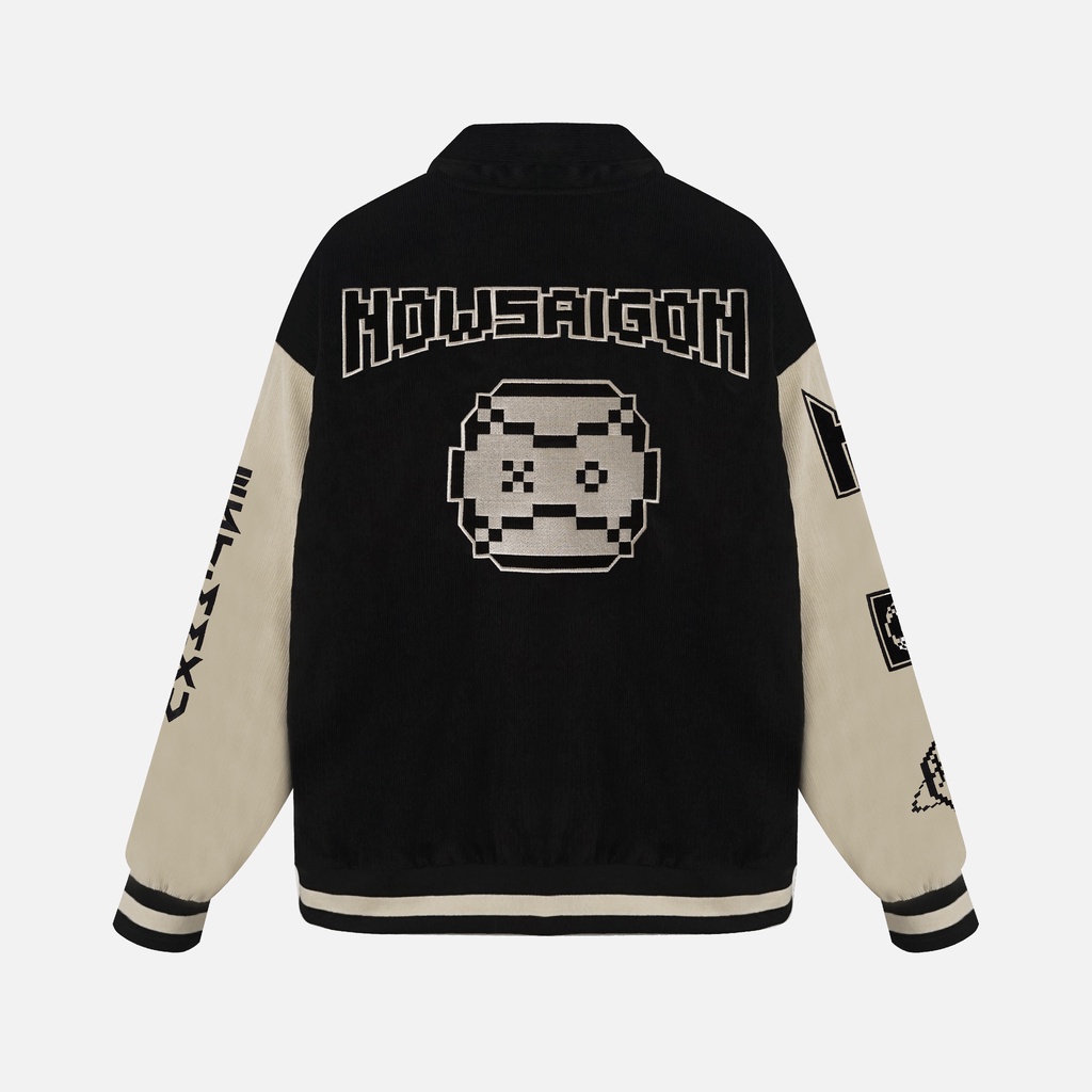 Áo khoác NEEDS OF WISDOM Pixel World Varsity Jacket - Black/Cream - Local Brand Chính Hãng