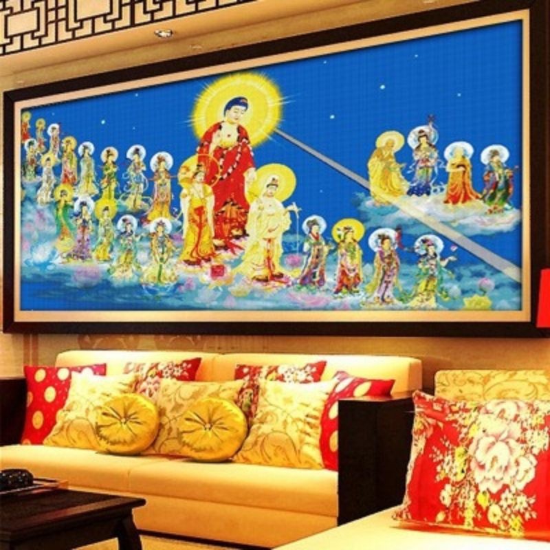 ( Hàng sẵn) Tranh thêu chữ thập Phật giáo Tây Phương Cực Lạc Thánh Chúng