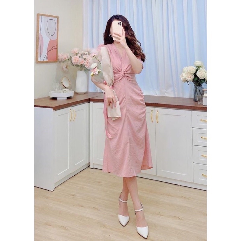 Váy xanh cốm Dúm eo dáng dài váy xanh bơ dáng dài tay cánh tiên