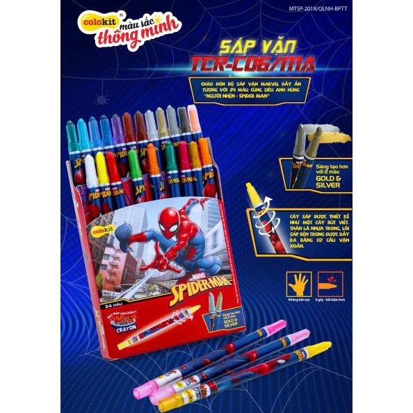 BÚT SÁP VẶN 24 MÀU SPIDERMAN TCR-C06/MA Với 2 Màu Đặc Biệt Gold &amp; Silver