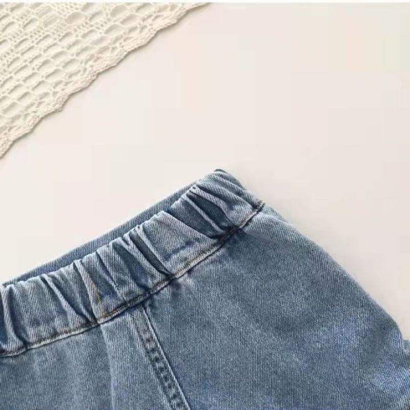 Bộ Áo Tay Phồng Phối Chân váy jean Viền Bèo Thời Trang Mùa Hè Cho Bé Gái