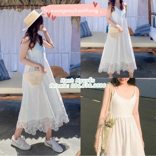 Váy 2 dây ren đi biển cực xinh, váy maxi trắng dáng suông du lịch