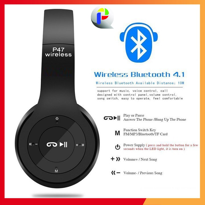 Tai nghe chụp Bluetooth P47 đa năng - hỗ trợ cắm thẻ nhớ, jack 3.5 nghe nhạc chơi game