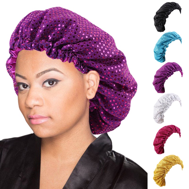 Mũ Trùm Tóc Bằng Vải Satin Hai Lớp Trang Trí Kim Sa Lấp Lánh Có Thể Điều Chỉnh