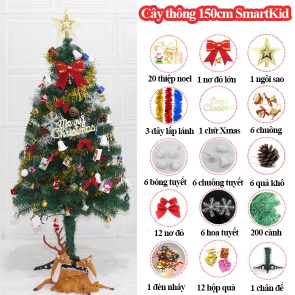 Cây Thông Noel 1m5 300 Phụ Kiện Loại Đẹp Tặng Kèm Vòng Đập Tay Noel Phát Sáng