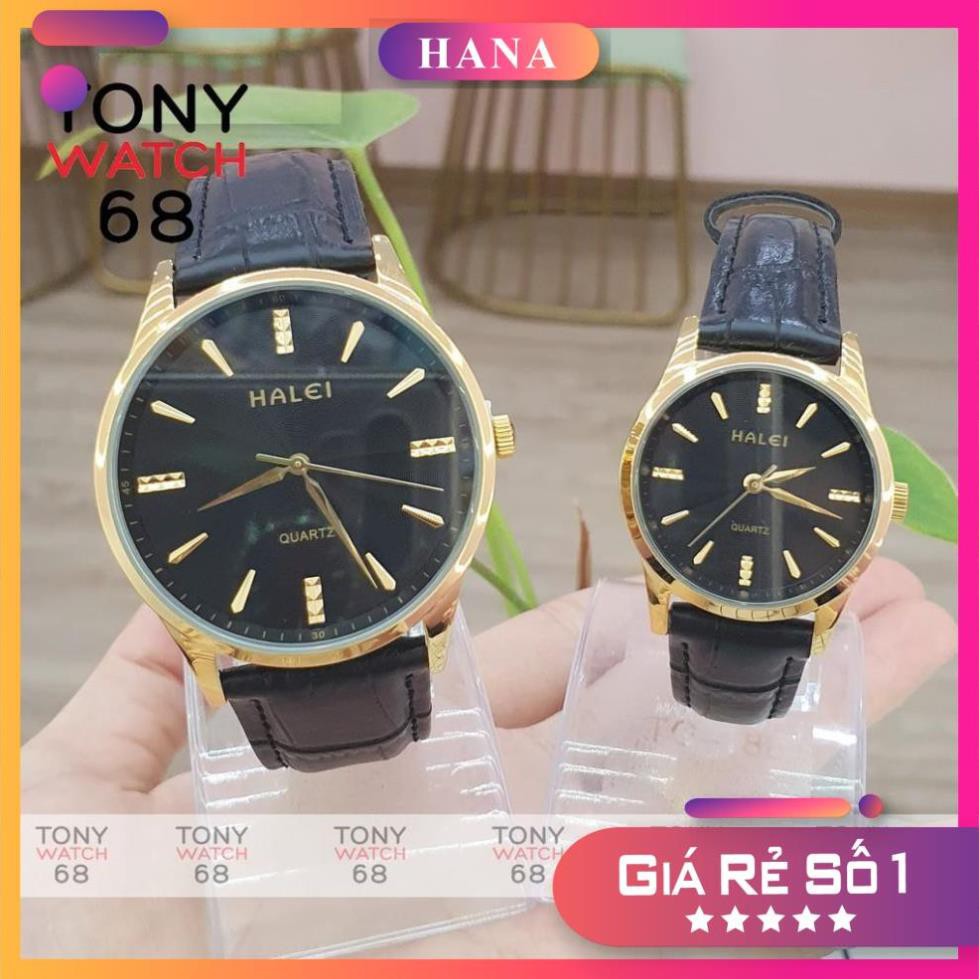 Đồng hồ cặp đôi nam nữ Halei viền vàng dây da siêu mỏng Tony Watch 68