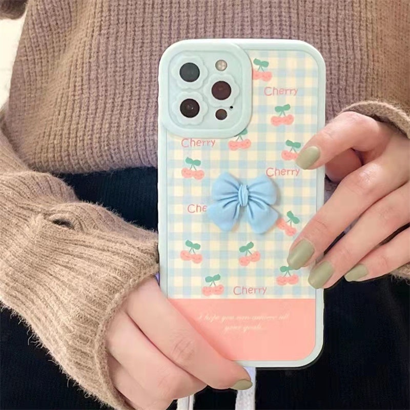 Ốp Điện Thoại Họa Tiết Cherry 3D Đính Nơ Xinh Xắn Cho IPhone 12 13 11 Pro Max X Xs Max Xr Asw1