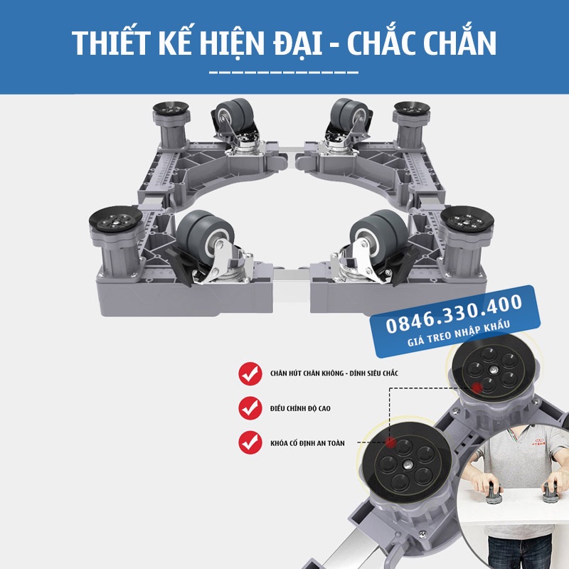 Chân đế máy giặt - Kệ Máy Giặt  - Tủ lạnh 4 trụ đứng 4 Bánh xe ErgoTek MG4T4B - Bánh Xe Đôi Cao Cấp