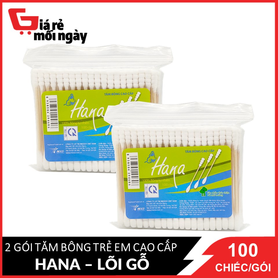 COMBO 2 Hộp Tăm bông Hana gói lõi gỗ 100 1 đầu tròn , 1 đầu xoắn