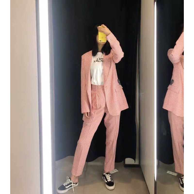 CẢ SET BLAZER KẺ CARO HỒNG ZARA CỰC XINH