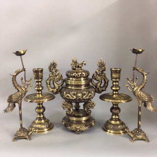 Bộ đỉnh thờ bằng đồng màu cổ tam sự, ngũ sự đỉnh hạc nến 34cm.