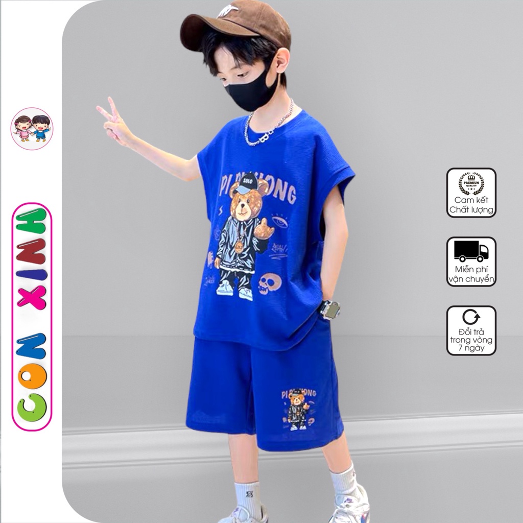 Bộ đồ bé trai Con Xinh cotton sát nách hình in GẤU SOLO,thời trang mùa hè dành cho trẻ em từ 4 đến 10 tuổi