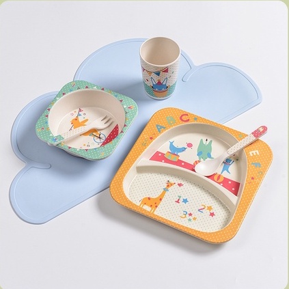 Set Ăn Dặm 5 món Cho Bé Hình Động Vật Gồm Cốc, Bát, Thìa, Dĩa và Khay 2 Ngăn Làm Từ Tre Bamboo Kháng Khuẩn - LAI'S STORE