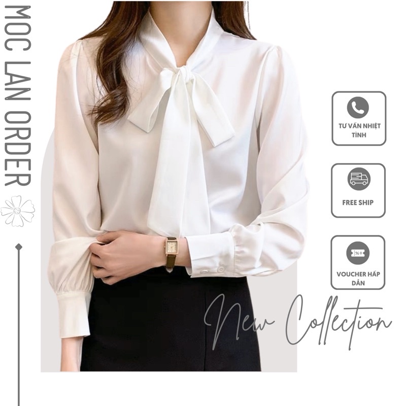 (MộcLan ORDER) áo sơ mi thắt lơ trước cổ lên dáng đẹp