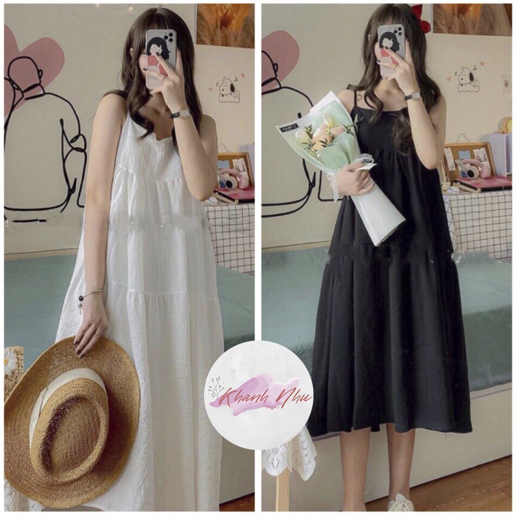 Váy hai dây đũi nhăn nữ🌸Đầm Midi Trơn Dáng Xòe Dài 2s Bánh Bèo Ulzzang FREESHIP
