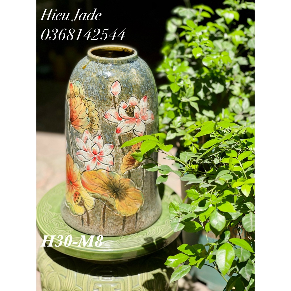 Bình hoa gốm Bát Tràng khắc, vẽ tay thủ công vẽ hoa sen BH05 Hieu Jade Decor