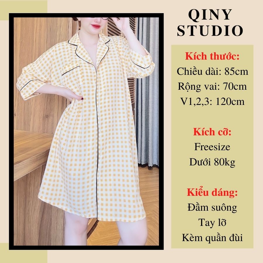 Đầm ngủ Qiny Studio váy ngủ bigsize đồ mặc nhà nữ dễ thương vải lụa tặng kèm quần cùng màu dưới 80kg