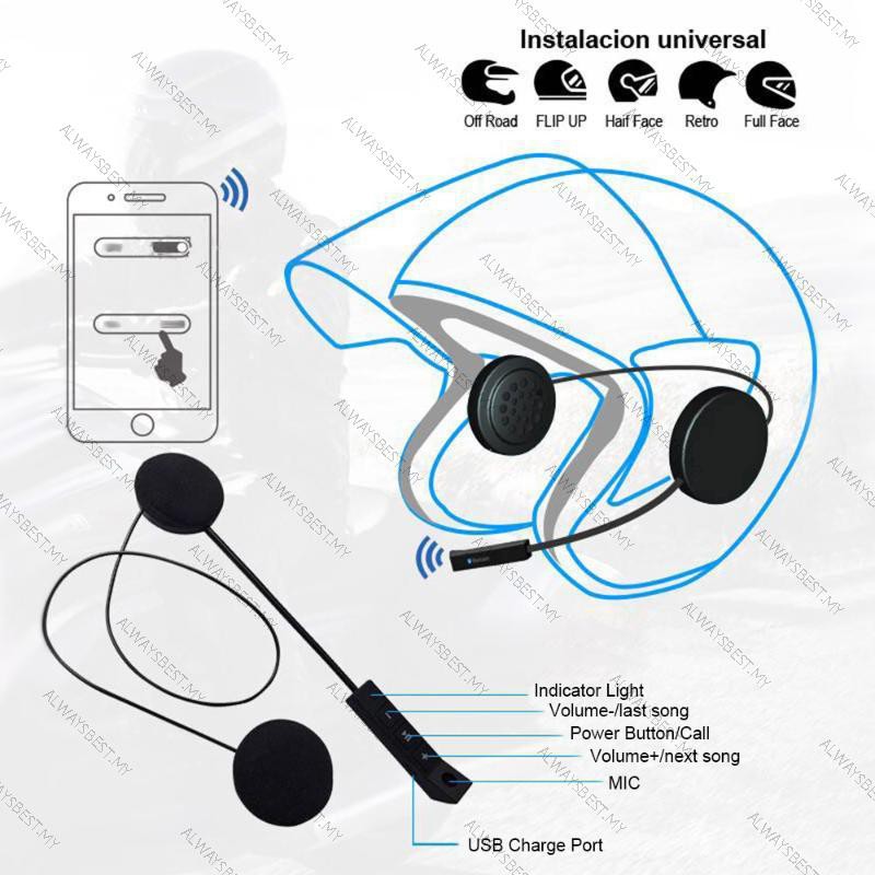 Tai Nghe Bluetooth 4.0 Bt8 Gắn Mũ Bảo Hiểm Tích Hợp Mic Cho Xe Mô Tô