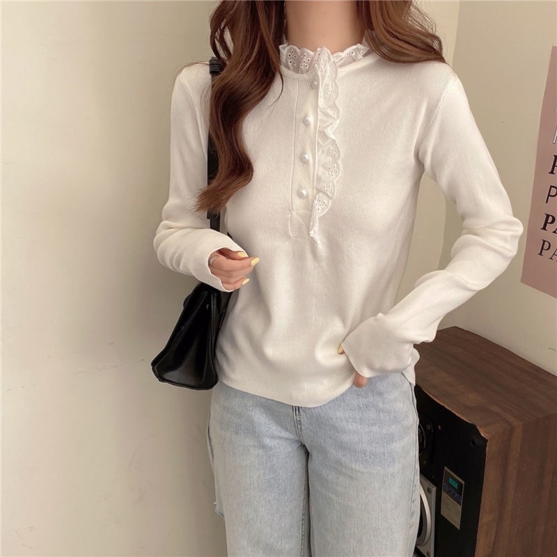 Áo len đế trong nữ phong cách hàn quốc lười kiểu khâu ren tai gỗ dài tay
