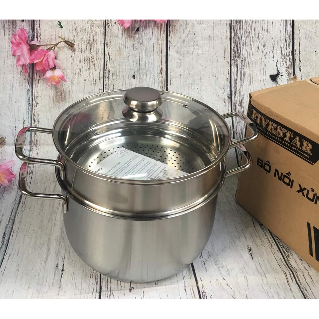 Bộ nồi xửng hấp cao cấp Inox 3 đáy Fivestar 24cm nắp kính dùng bếp từ