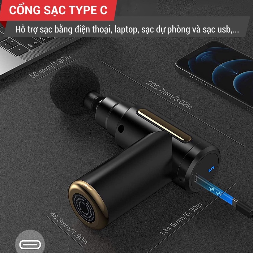 Máy mát xa cầm tay mini Massage Gun 6 cấp độ, giúp giảm đau cơ cứng khớp, đi kèm 4 đầu mát xa chuyên dụng