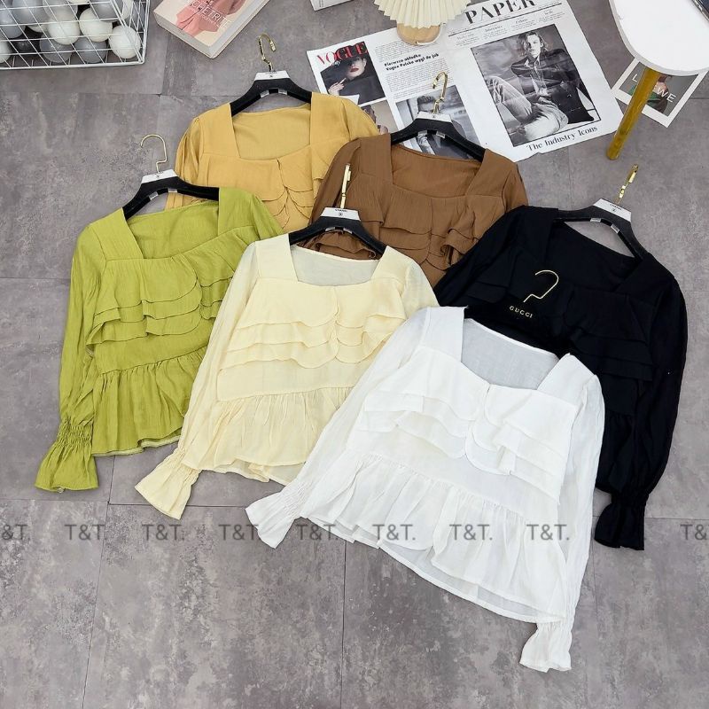 Áo Kiểu Dài Tay Chất Lụa Tơ Phối Bèo Xinh Xắn