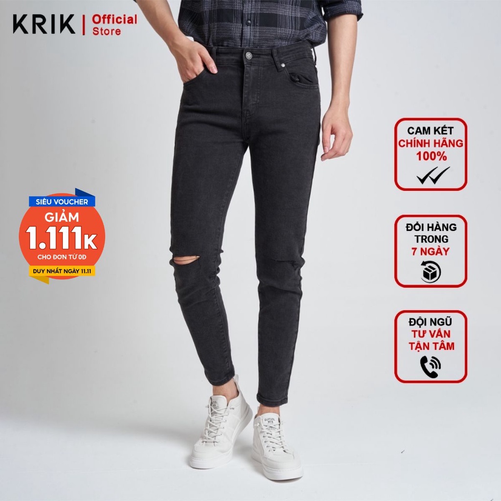 [Mã AFF11MALL30K giảm 30K đơn 100K] Quần Jean Nam Đen Rách Gối Chất Bò Local Brand KRIK Dáng Hàn Quốc Slimfit QJ1060