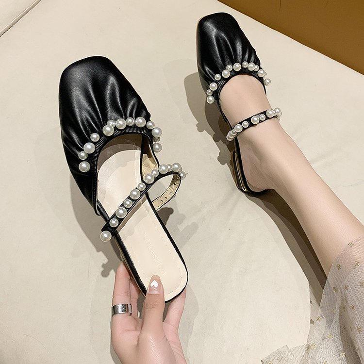 Fashion Square Head Pearl Decoration Ulzzang Square High Heel Slipper Sandals