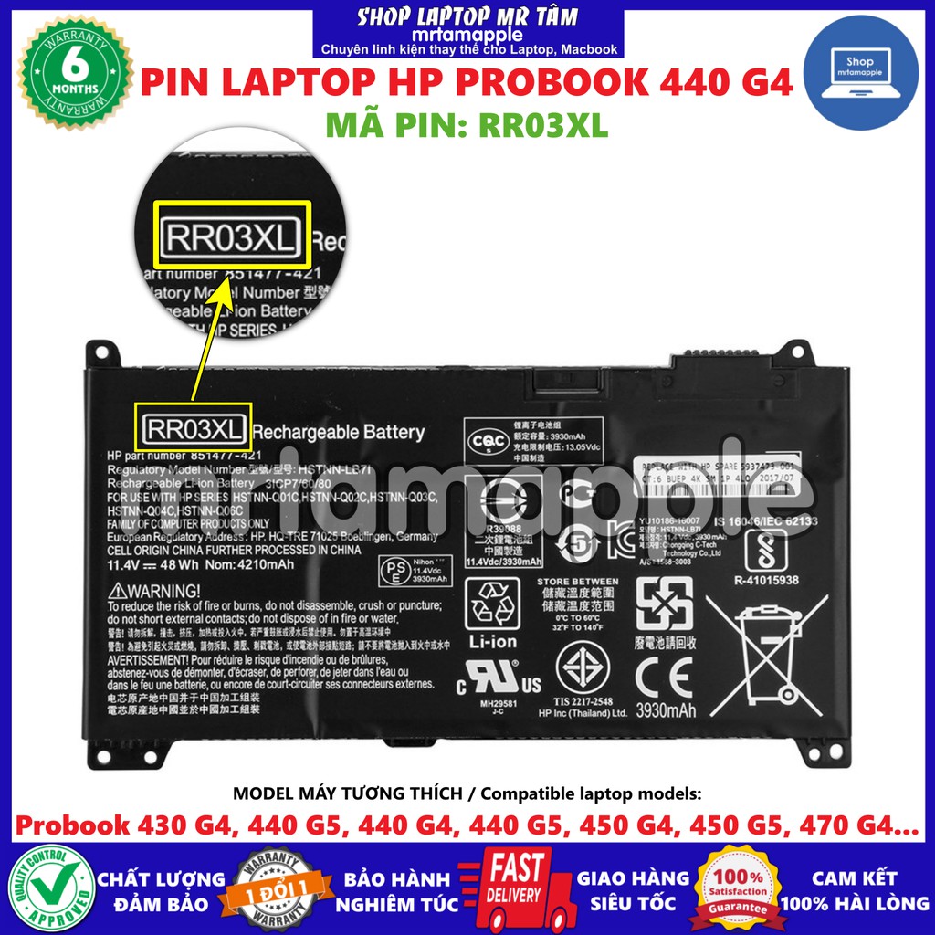 Pin Laptop HP PROBOOK 440 G4 RR03XL (ZIN) - 6 CELL - Probook 430 G4, 430 G5, 440 G4, 440 G5, 450 G4, 450 G5, 455 G4