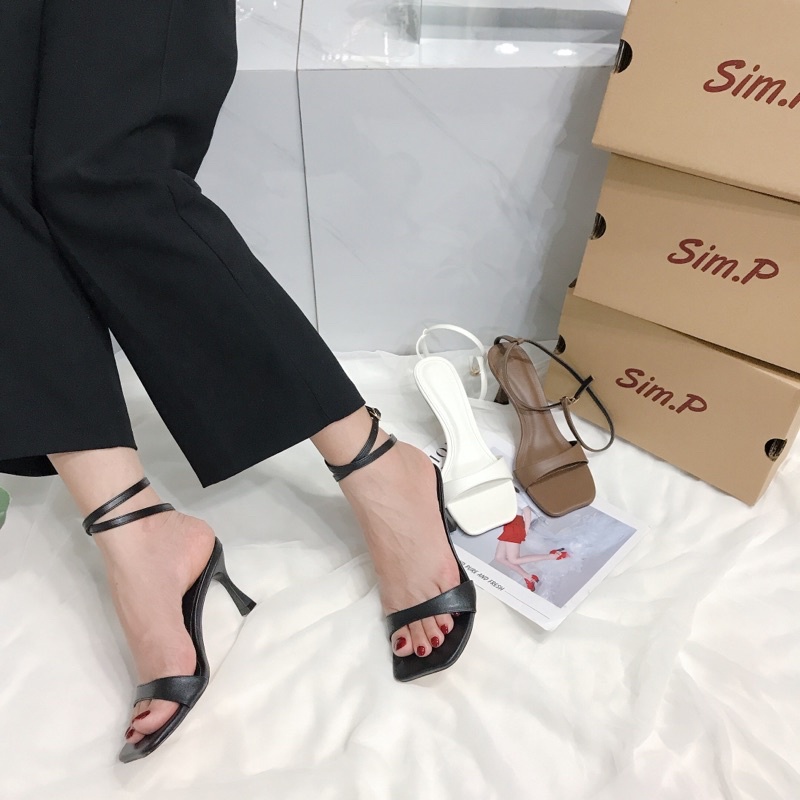 Giày sandal nữ SimP cao gót 6cm mũi khuyết quai ngang khuyết mang được 2 kiểu dây - MELY