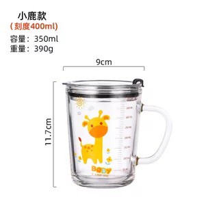 Ly Thuỷ Tinh Chia vạch 350 ml Hoạ Tiết Hoạt Hình Có Nắp Đậy Chân Không Cốc Thủy Tinh Uống Trà Sữa